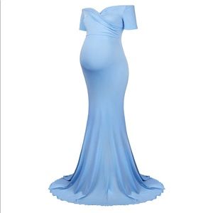 Maternity Long Dress Off Shoulder Fitted Gown - light blue - size small